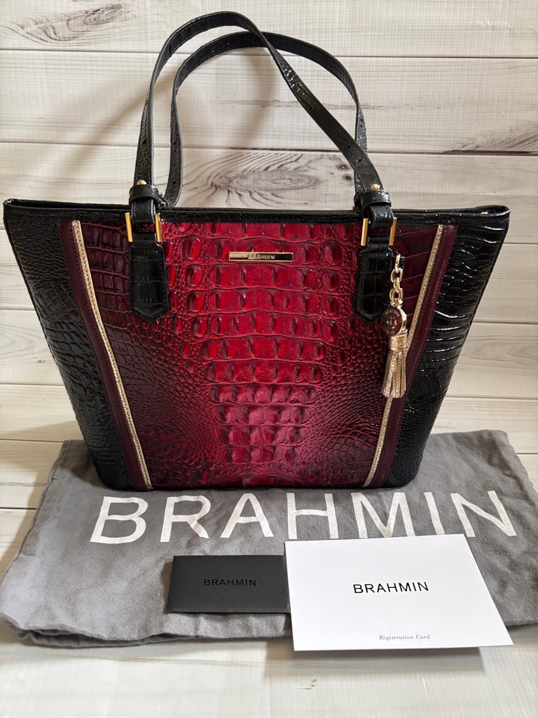 Brahmin Medium Asher Red And Black Croc-Embossed Tote With Gold Tassel Charm